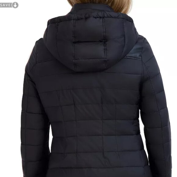 Tahari Womens Puffer Jacket Hooded Faux Leather Trim Puffer Coat Black Large NWT - Picture 10 of 14